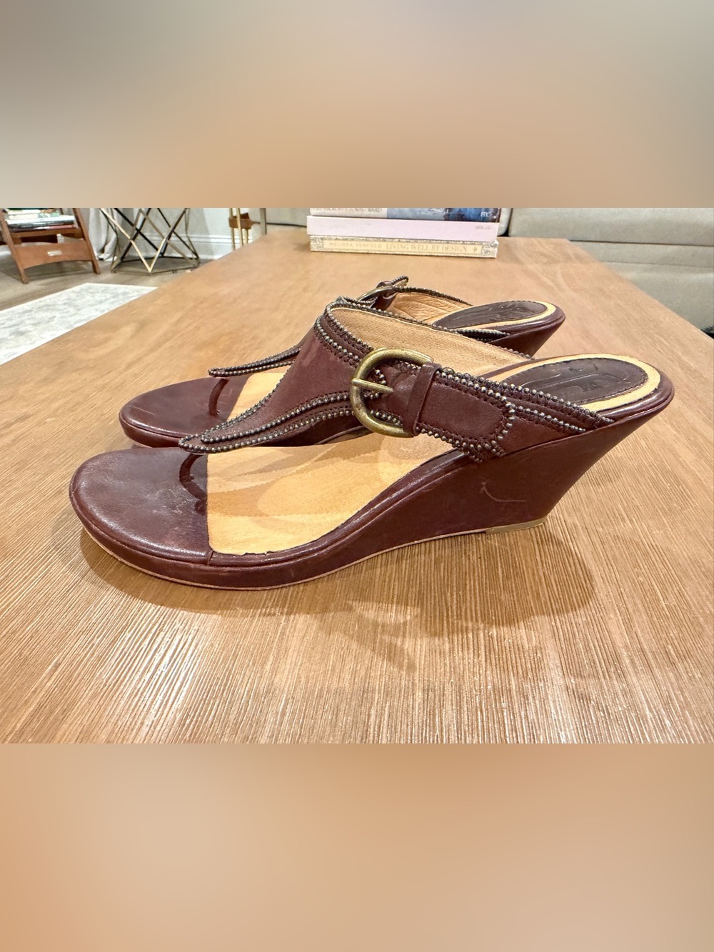 Frye Dark Brown Leather Brooke Wedge Thong Sandals with Brass Buckle